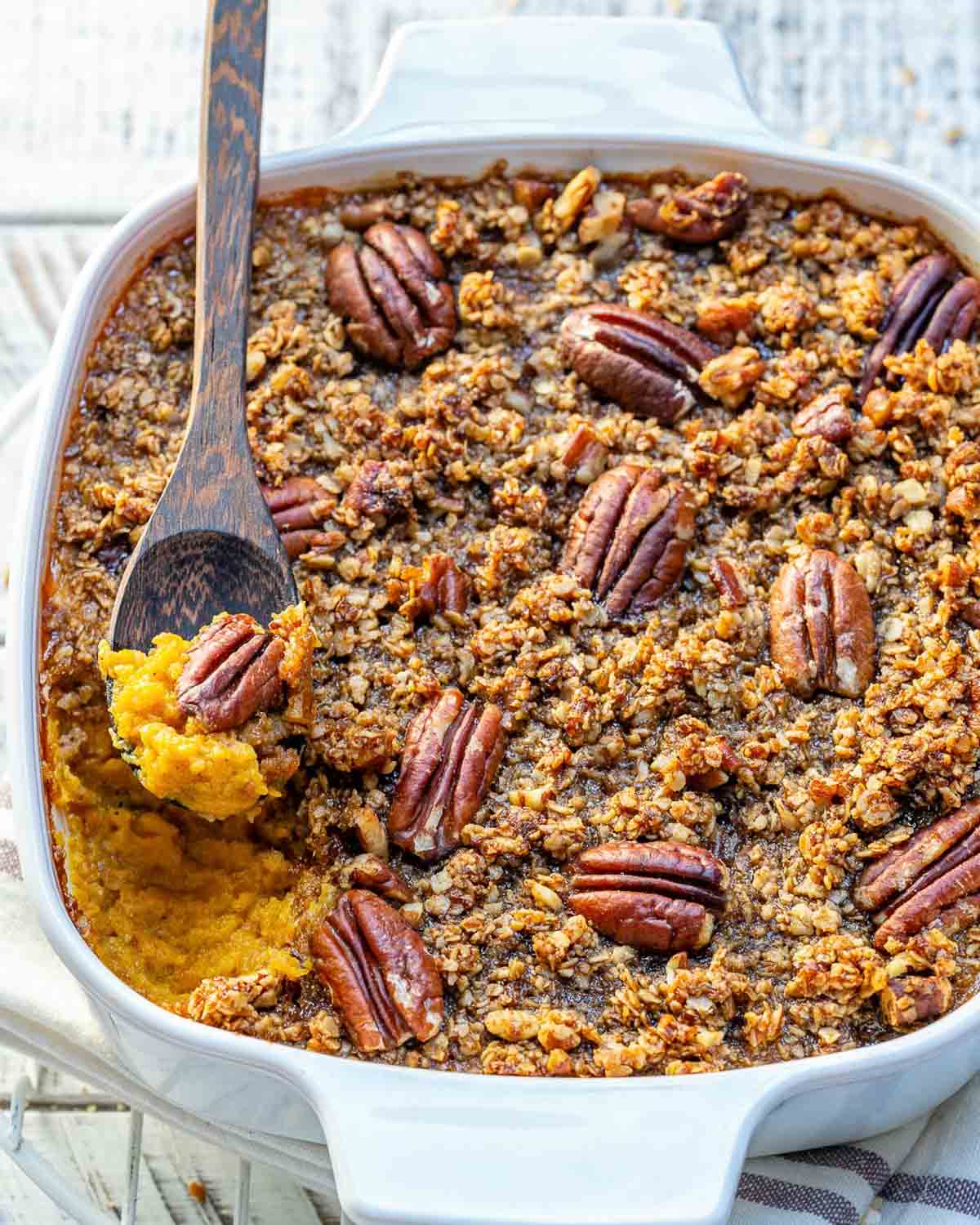 Butternut squash casserole topped with pecan crumble.