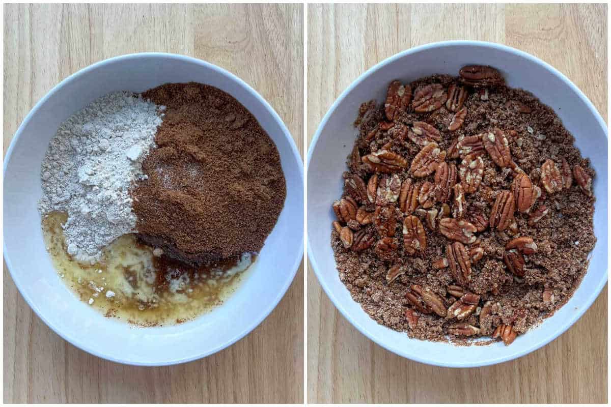 making the pecan crumble in a bowl for butternut squash casserole.