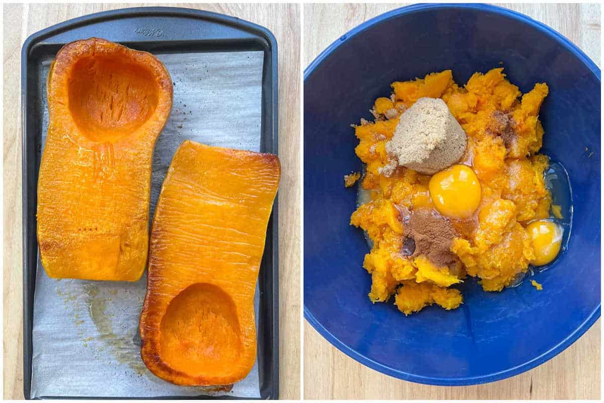 process shot of roasting butternut squash and making the filling for the casserole.