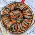 eggplant and zucchini gratin baked in a dish.