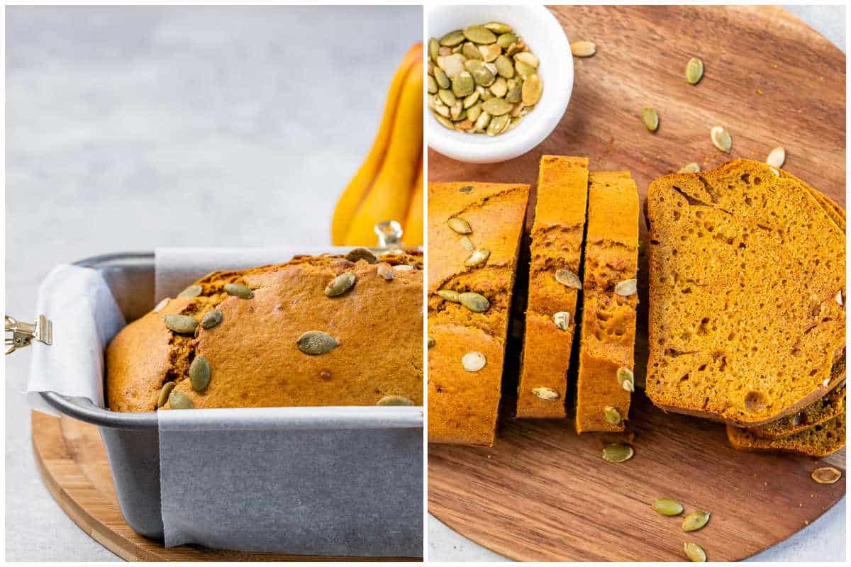 process shot for pumpkin bread in pan and allowing the pumpkin bread slices to cool on cutting board.