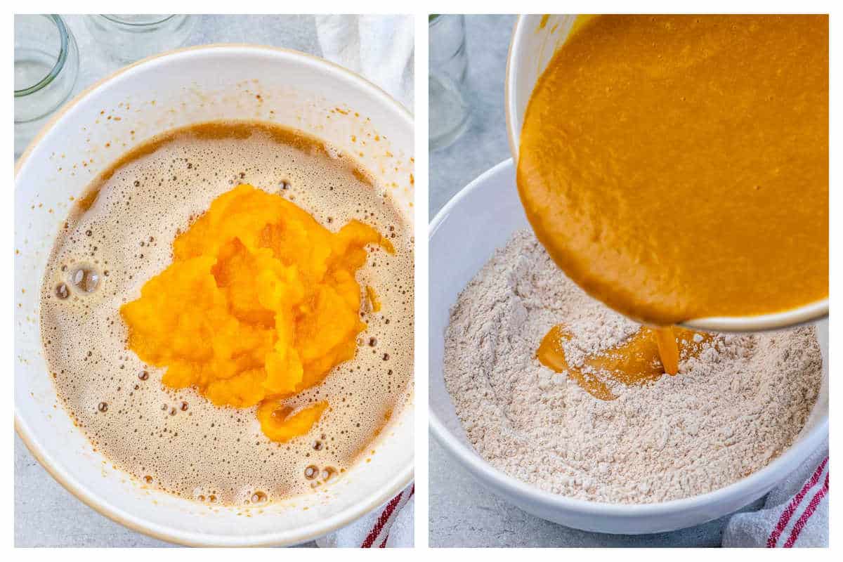Mixing the pumpkin and wet ingredients to make muffins and then adding it over the flour.