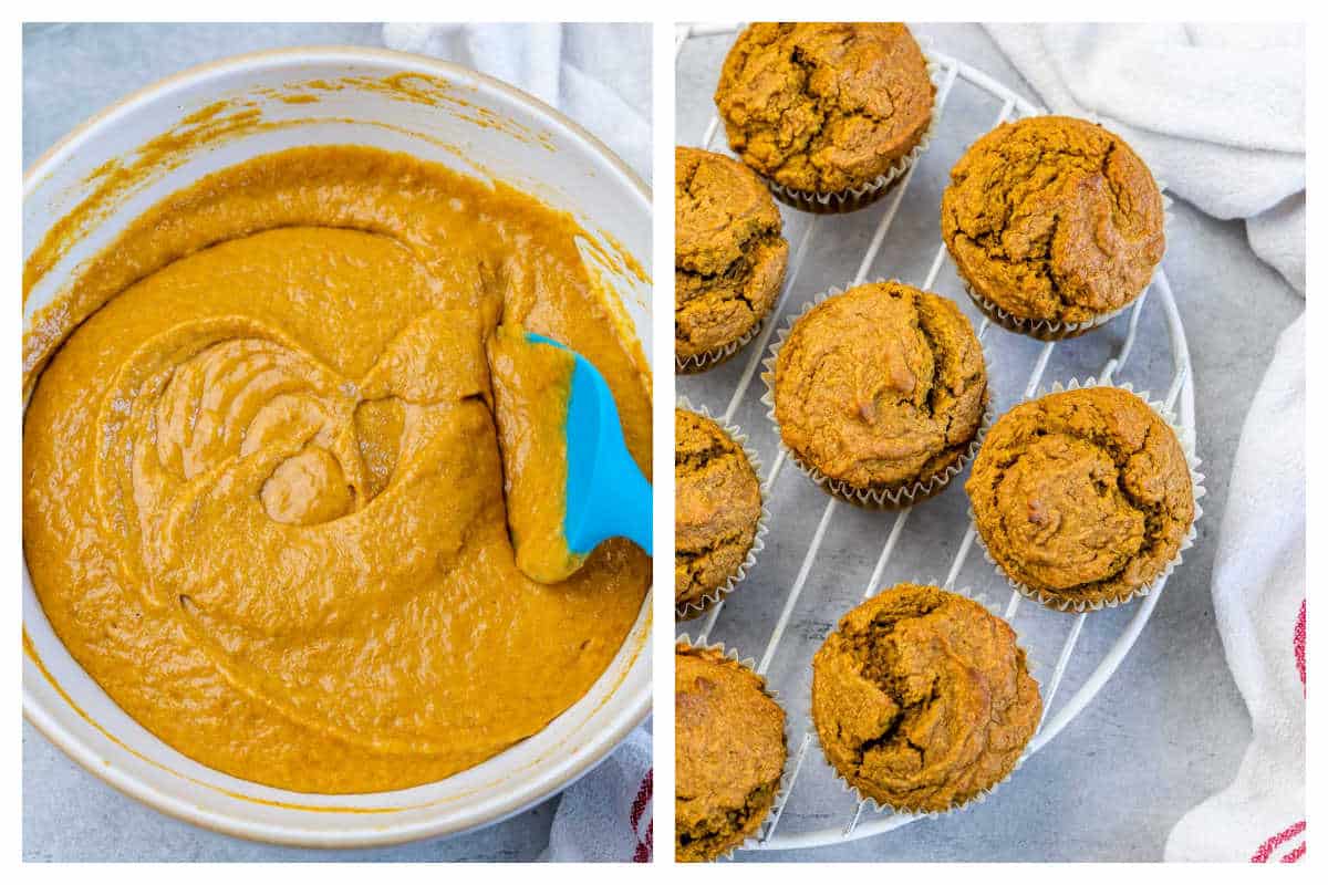 making the batter for the pumpkin muffins and then allowing the muffins to cool.