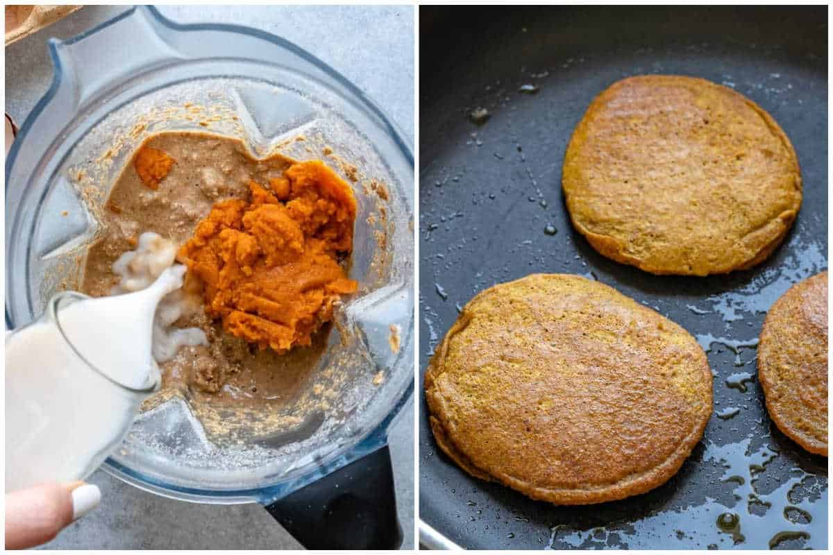 process shot to make the batter for pumpkin pancakes and making them in pan.