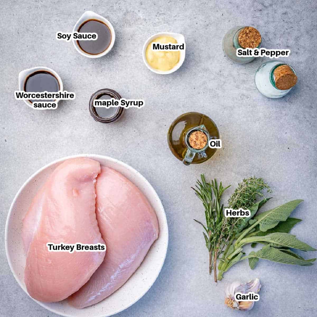 ingredients to make roasted maple glazed turkey breast.