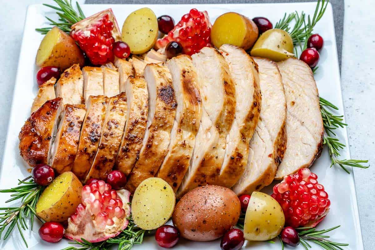 Sliced roasted turkey breast served on a plate.