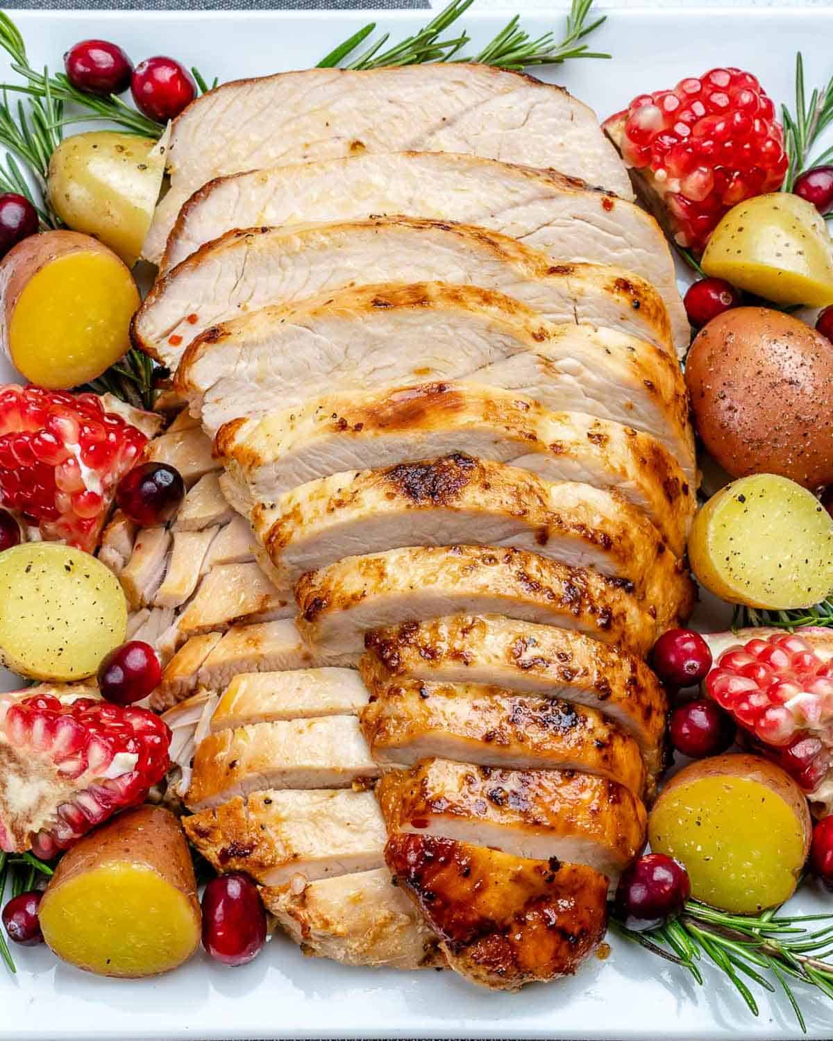 roasted sliced turkey breast served over a plate.