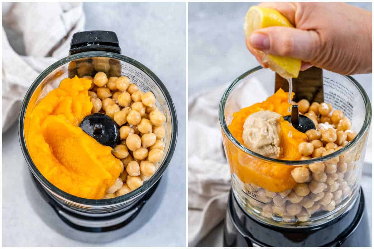 process shot of adding the ingredients for the pumpkin hummus in a food processor.