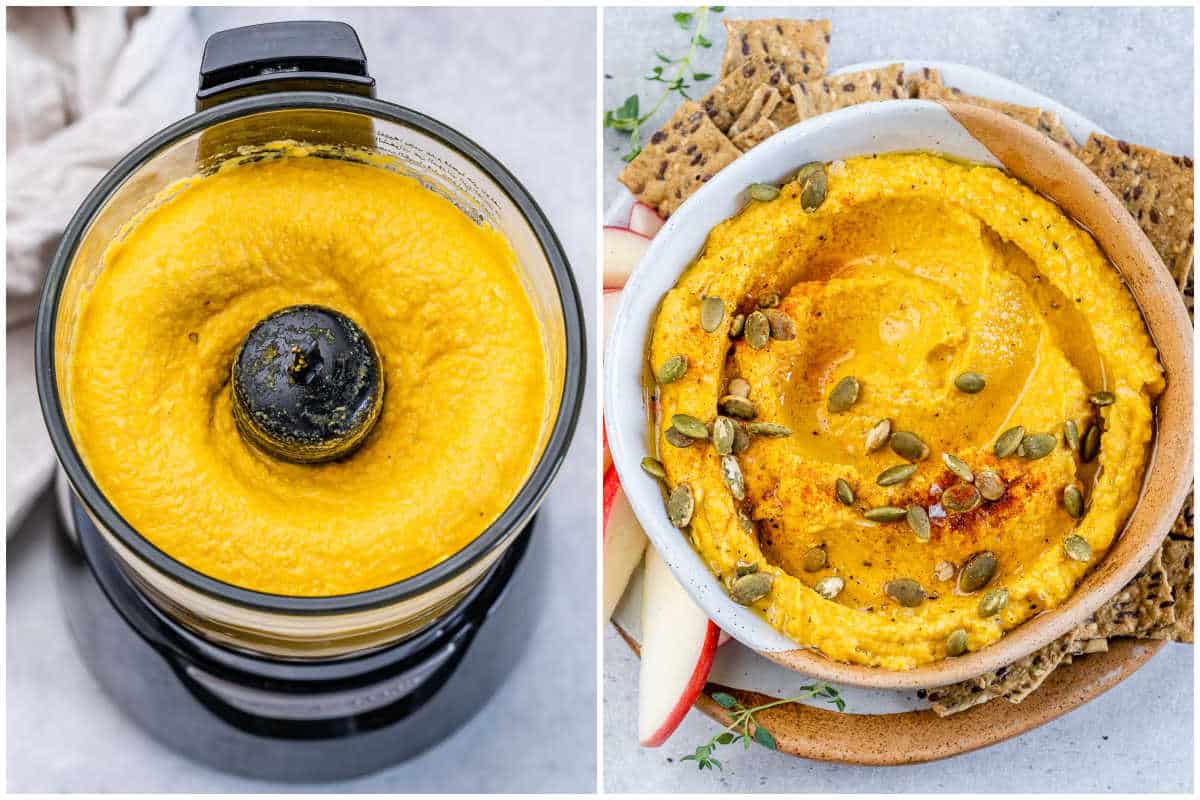 process shot of blending pumpkin hummus on a food processor and serving in a bowl.
