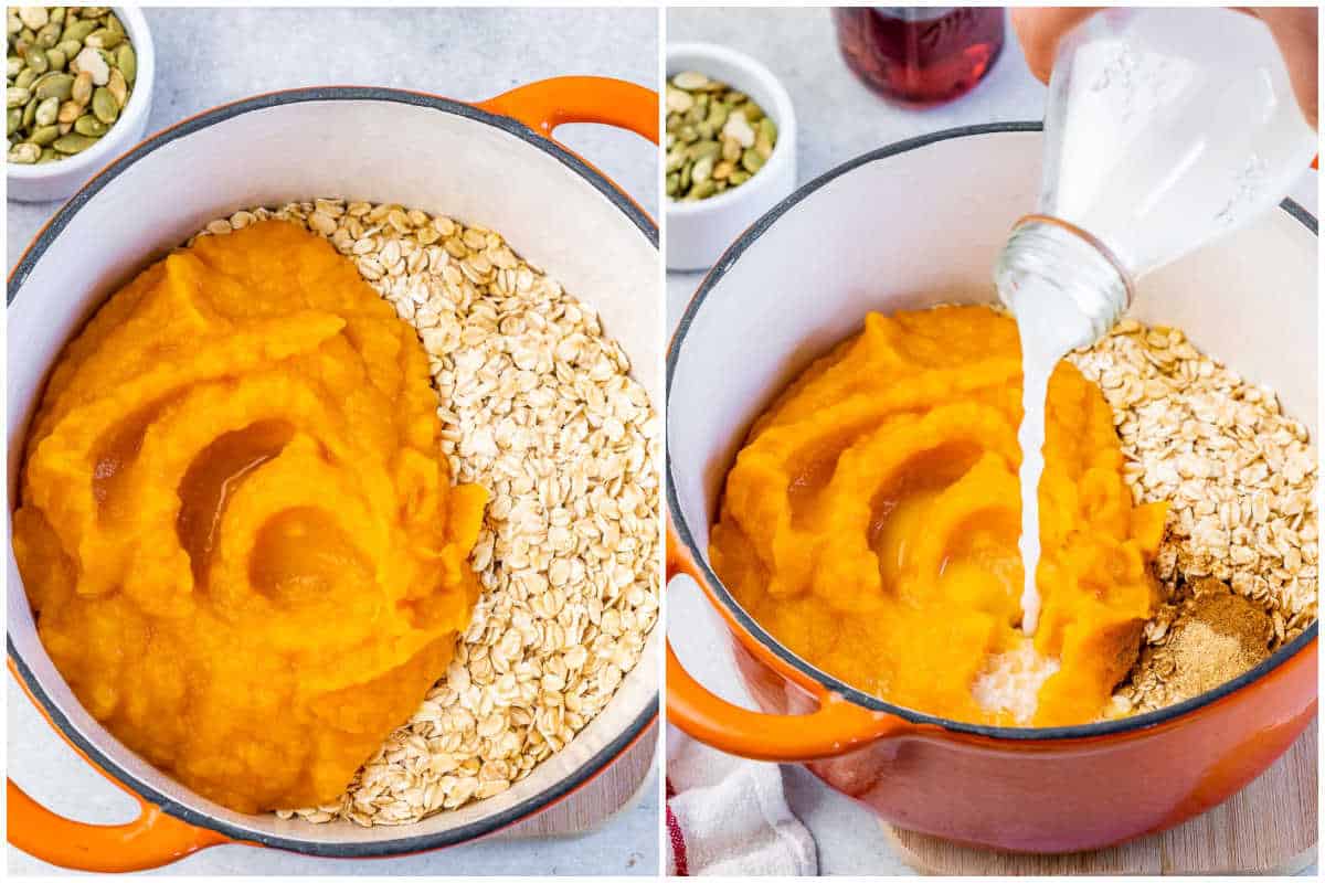 adding oatmeal and pumpkin puree in a pot, then adding milk.