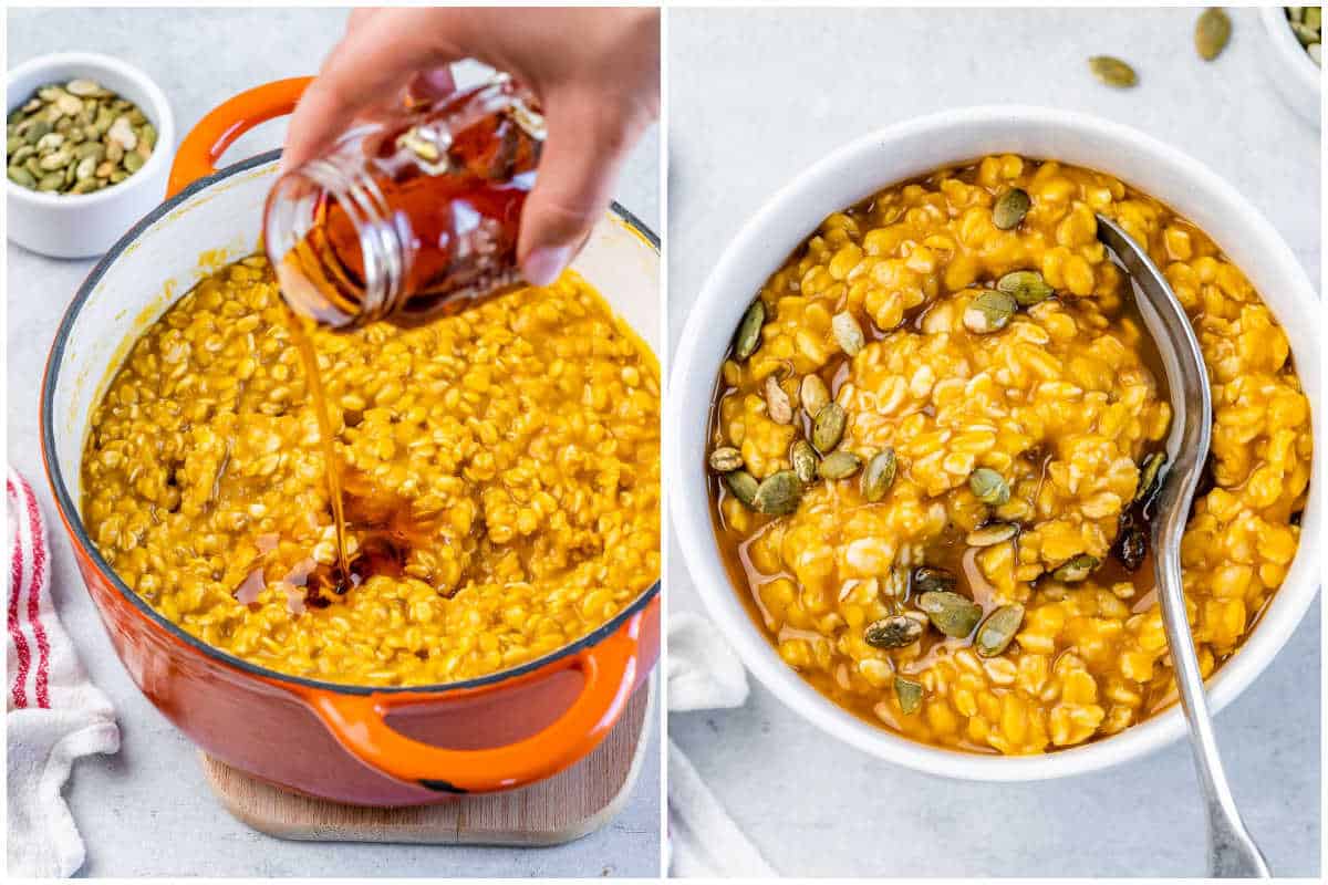 adding maple syrup int the creamy pumpkin oatmeal in a pot, mix and serve in a bowl.