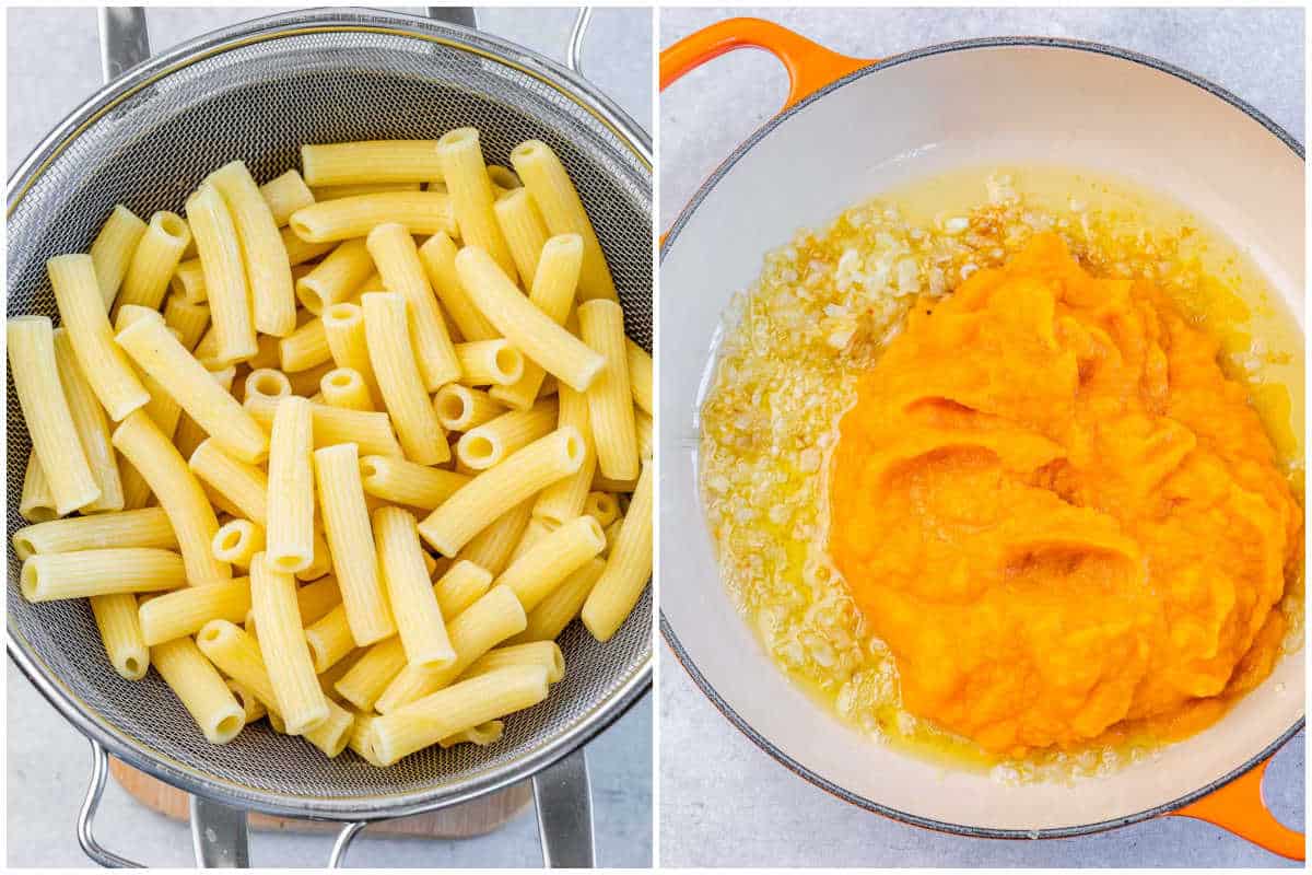 process shot to cook the pasta, place in a colander, then cook the pumpkin sauce for the pasta in a skillet.