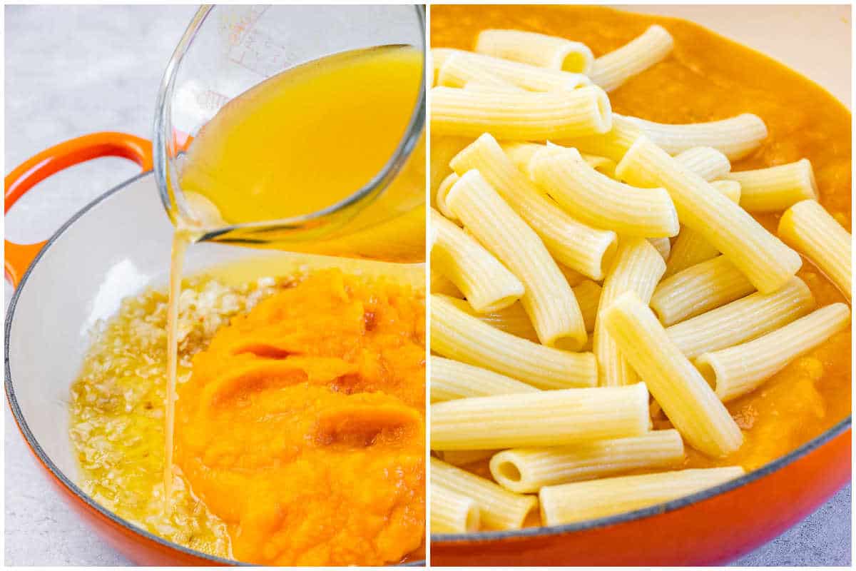 process shot of adding broth over the pumpkin sauce in a pan and then adding pasta over the sauce.