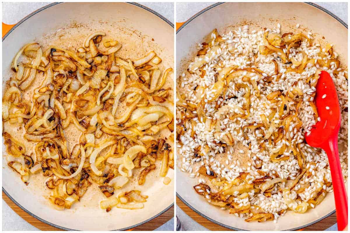 process shot to cook onions, and add rice to it in a pan.