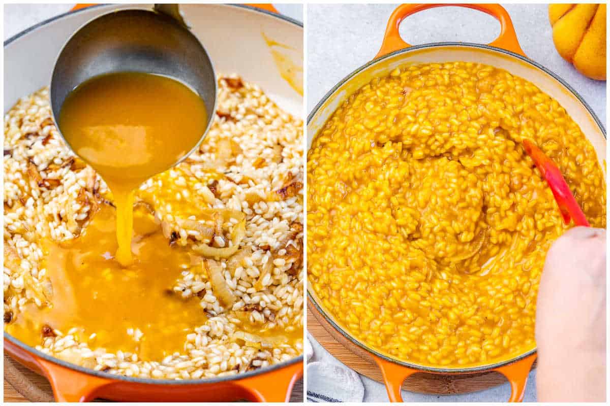process shot to add the pumpkin mixture onto the rice.