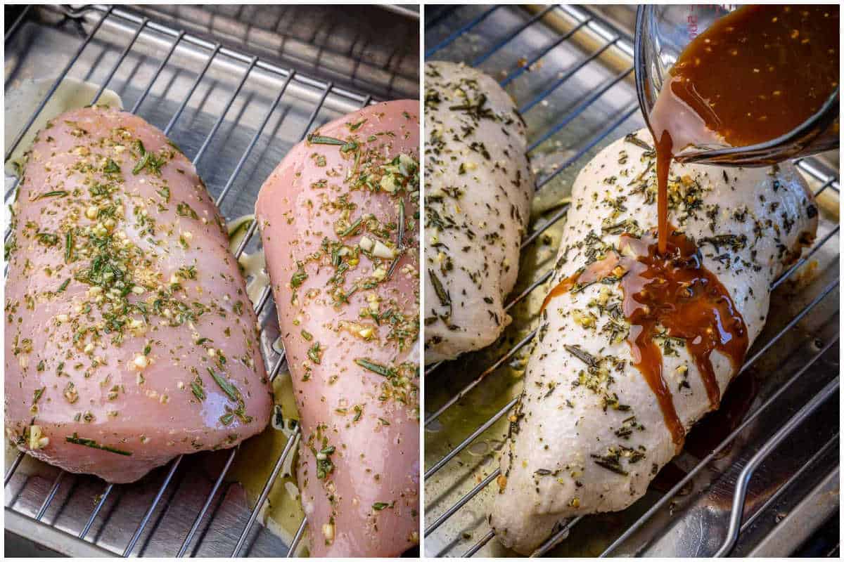 process shot to season, roast, and glaze and turkey breast.