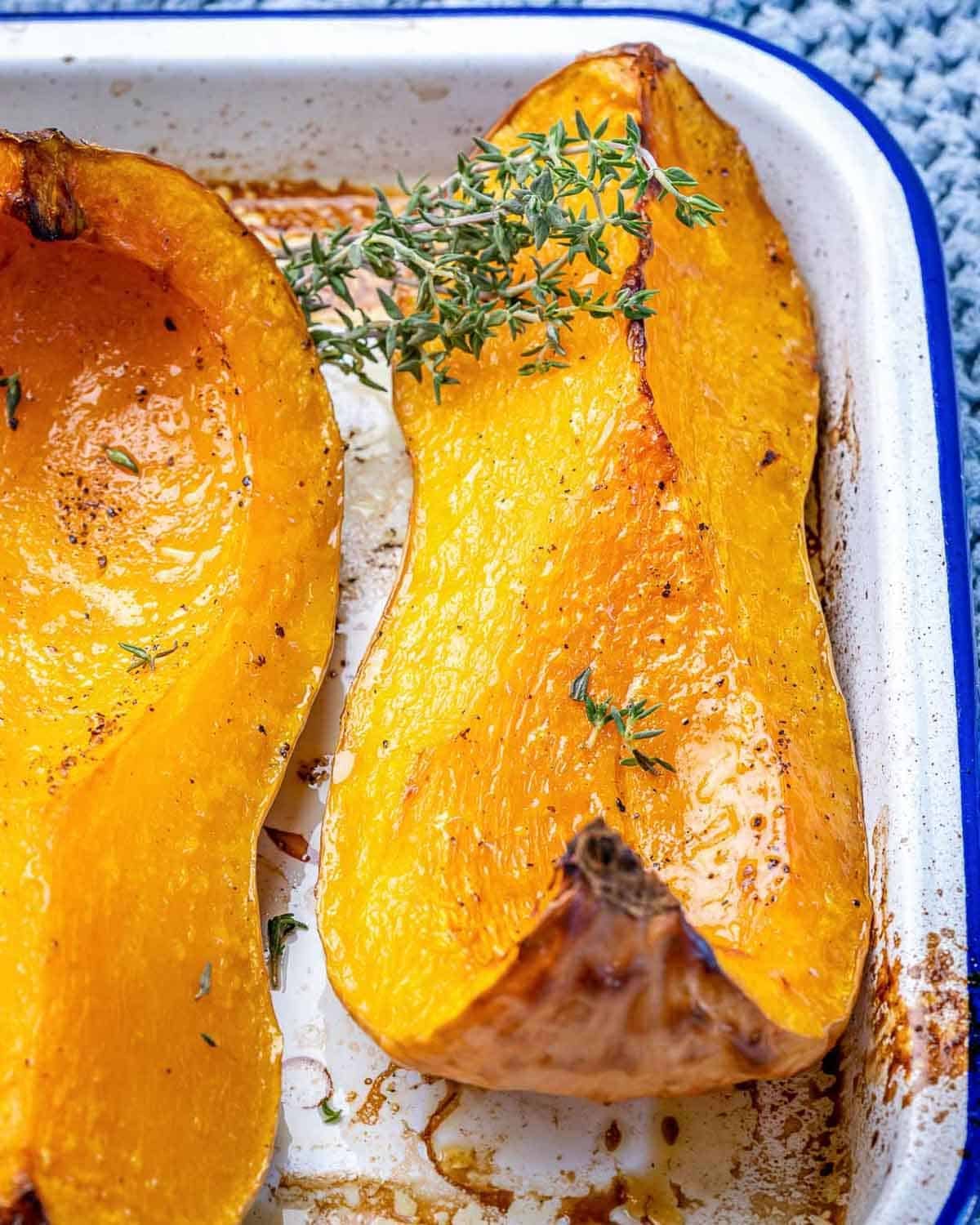 Roasted butternut squash in a pan.