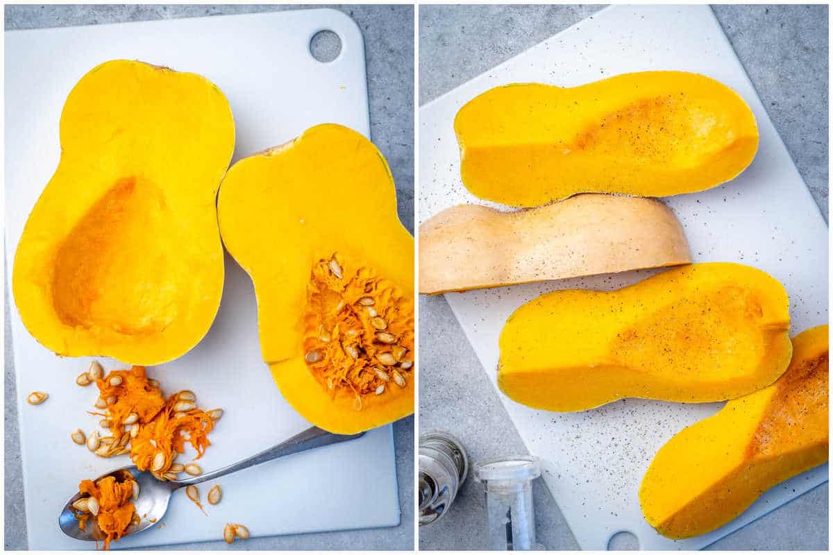 process shot to cut butternut squash into wedges and then season it.