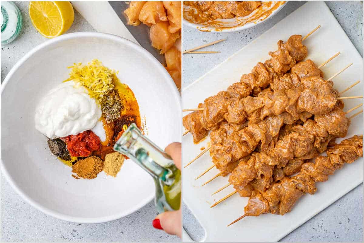 process shot to make the marinade for the chicken tawook and placing them on skewers.