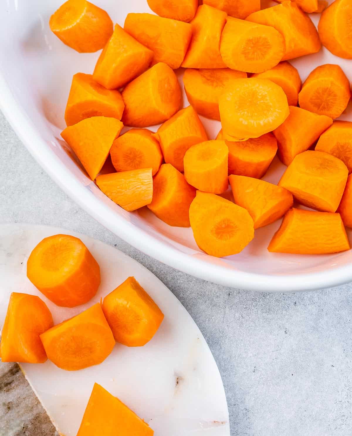 Chopped carrots in a dish.