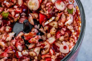 Cranberry salsa in a food processor.