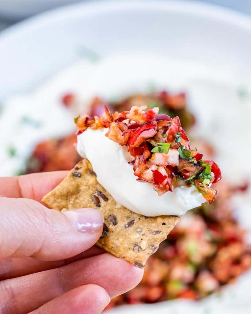 Hand holding a cracker dipped in cream cheese and cranberry salsa.