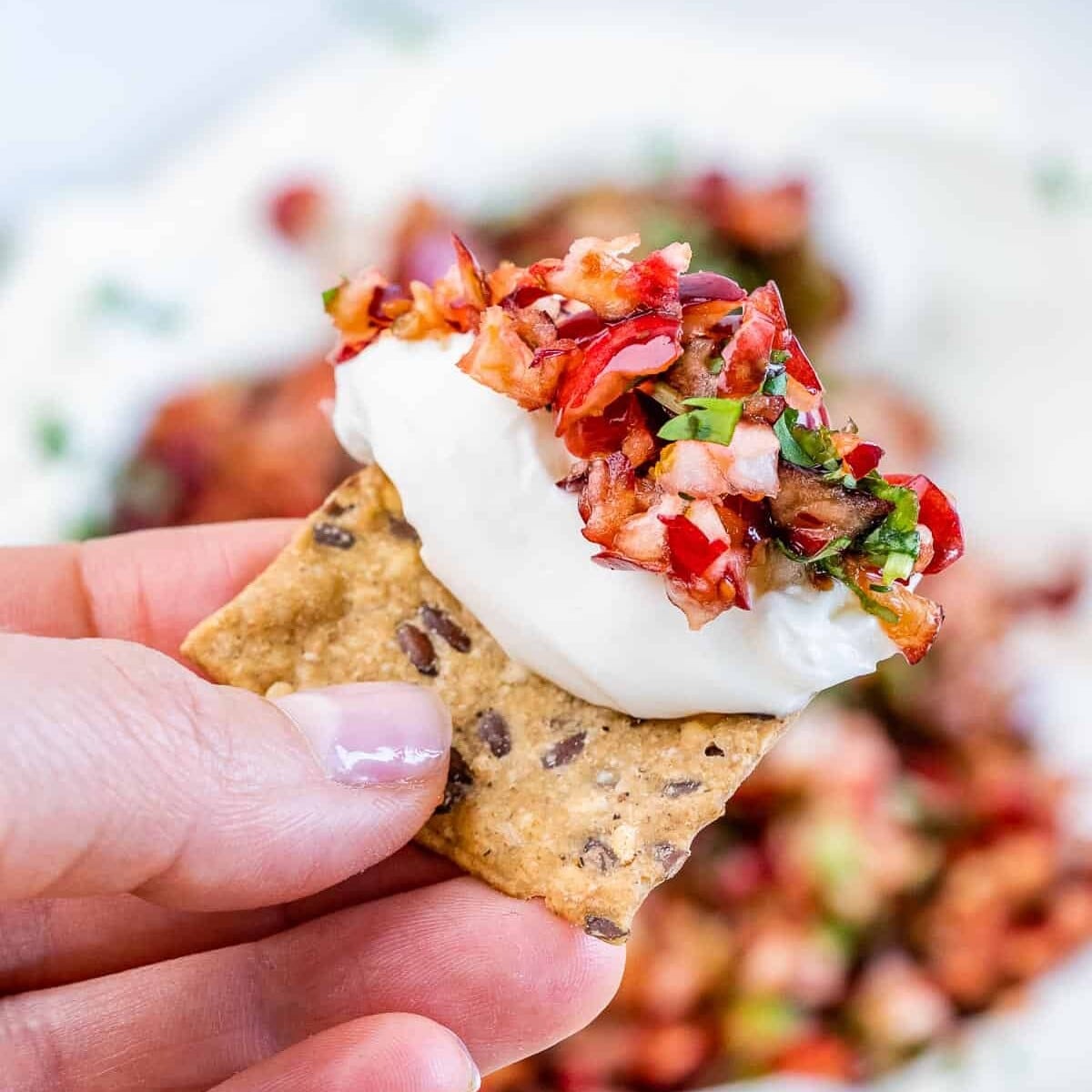 Hand holding a cracker dipped in cream cheese and cranberry salsa.