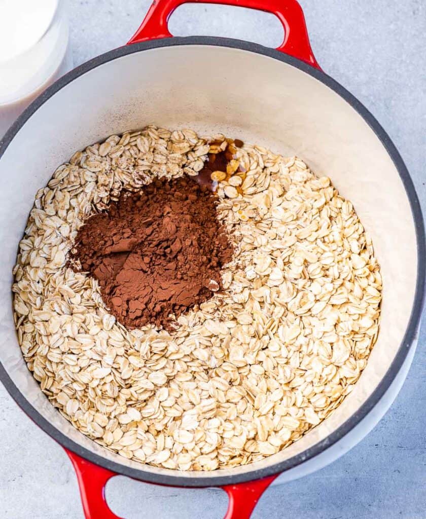 a red pot with 2 ingredients. rolled oats and cocoa powder 