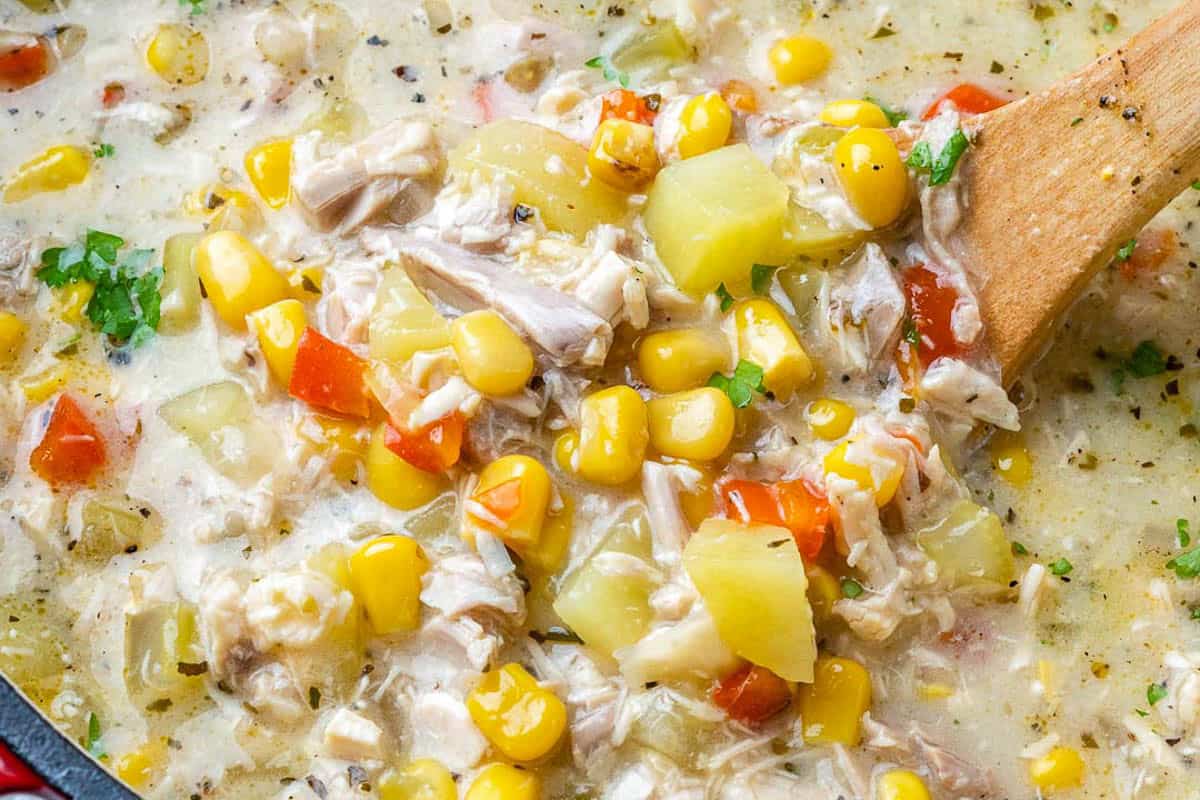 chicken corn chowder soup in the pot.