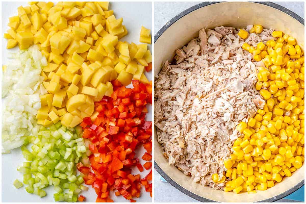 process shot for prepping the potatoes and veggies, then adding the corn and chicken in the pot.