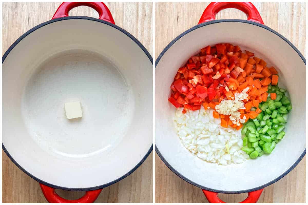 process shot to add the veggies in a pot and searing.