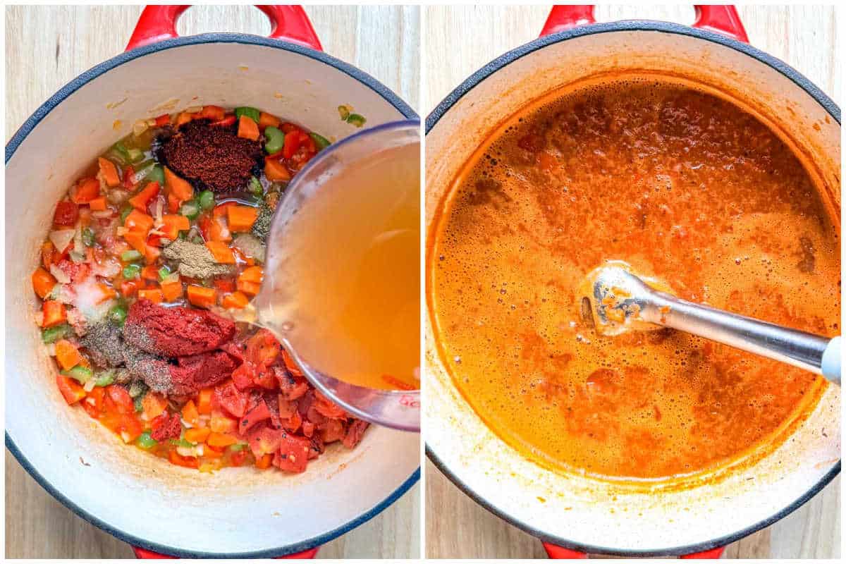 process shot to add broth over the seared veggies and blitzing it.