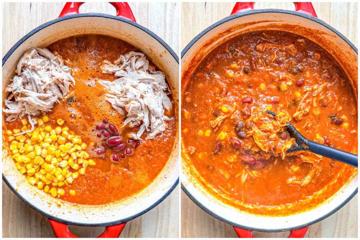 process shot to add the beans and shredded chicken into the tomato base soup and mixing.