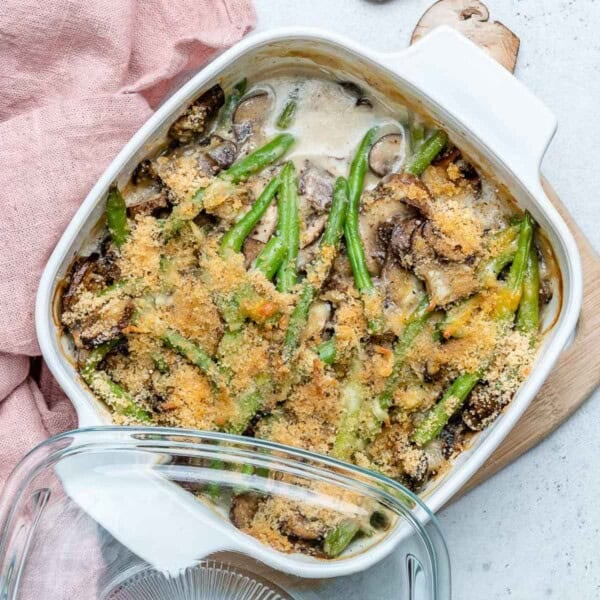 a square dish with healthy green bean casserole.
