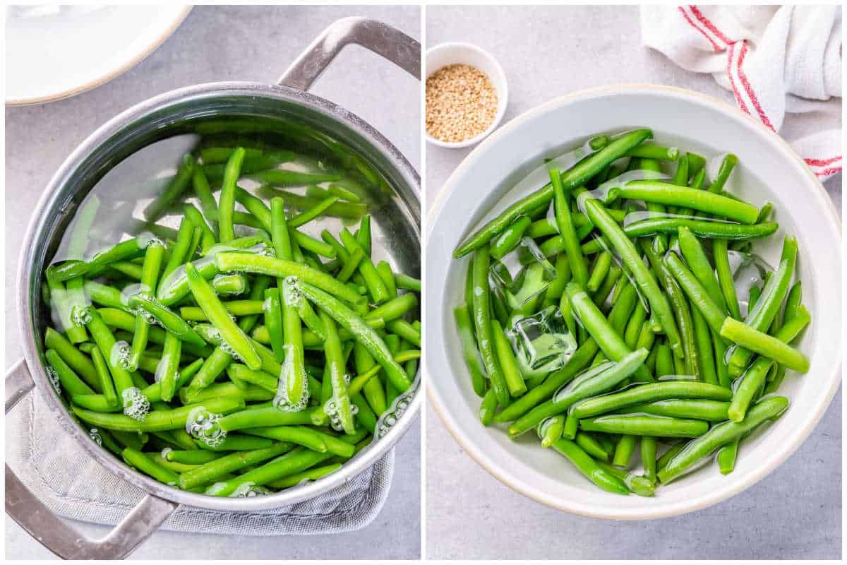 Process the green beans by blanching them and adding them to an ice bath in a bowl.