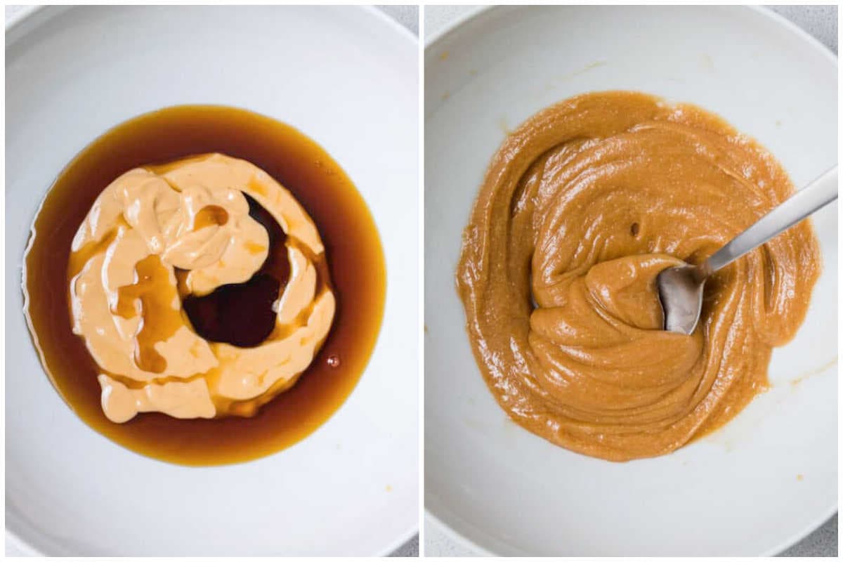 process shot of making mixing peanut butter and maple syrup.
