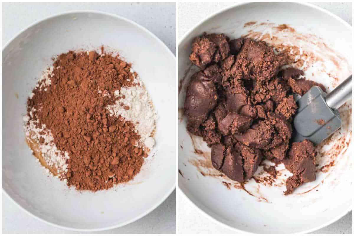process shot to mixing the almond flour with cocoa powder and making the dough.