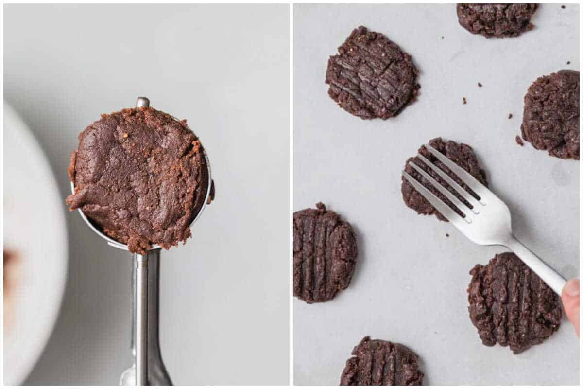 Adding cookie dough to a sheet pan to be baked.