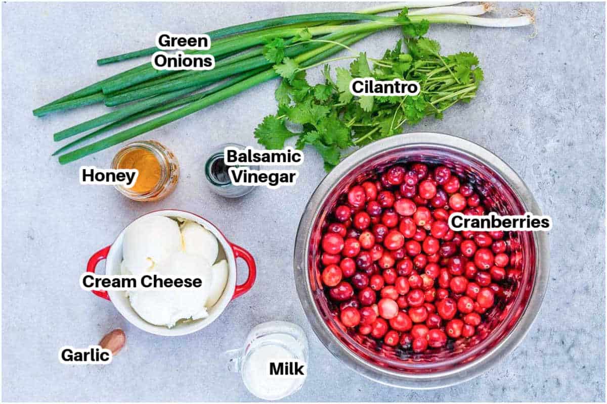 Ingredients for cream cheese cranberry dip.