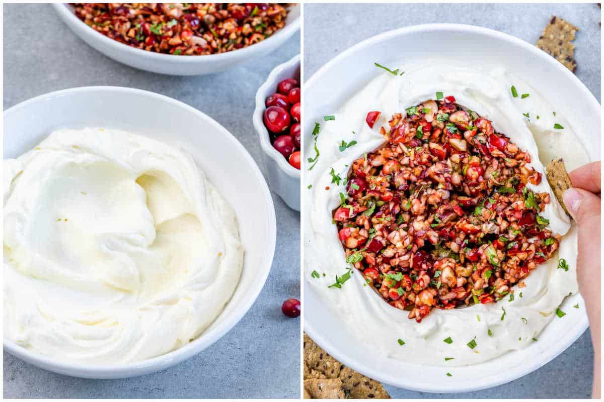 process shot to serve the cranberry salsa over cream cheese in a bowl.