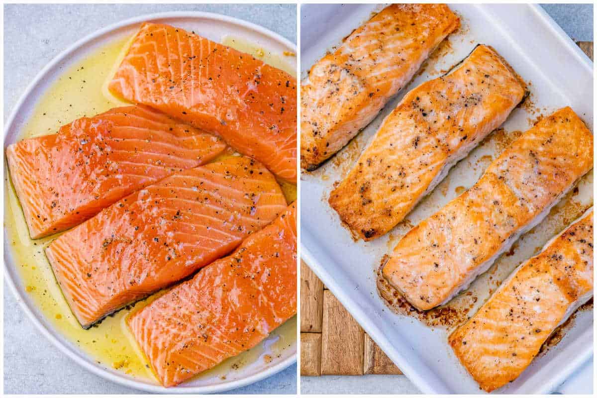 process shot to season salmon and baking in a dish.