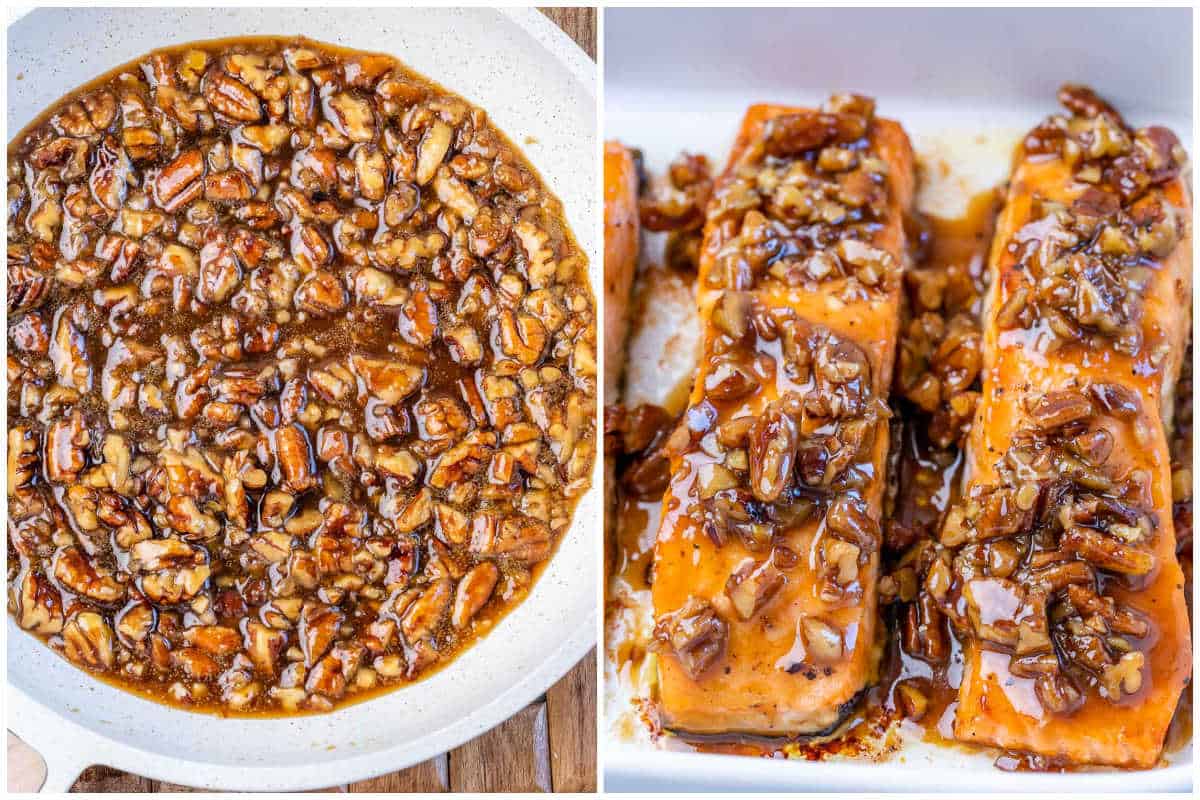 process shot to make pecan maple glaze and adding over salmon.