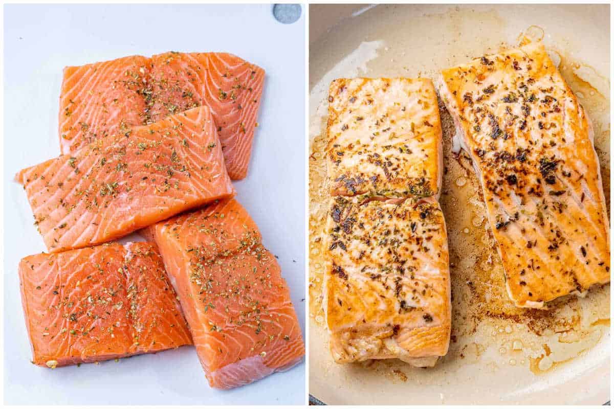 Process shot to season the salmon fillets and cook in a pan.