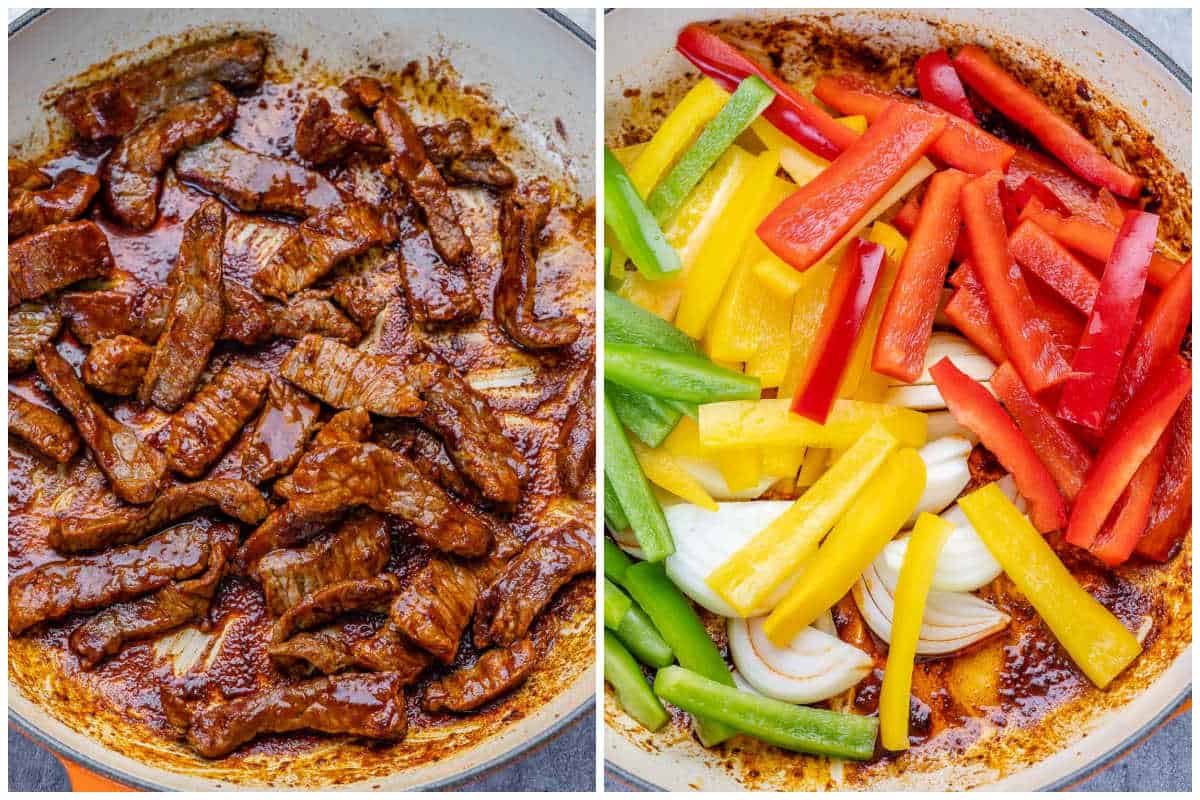 process shot to cook the steak bites and the bell peppers in a skillet.