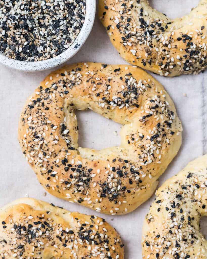 top view of baked bagels on a flat surface