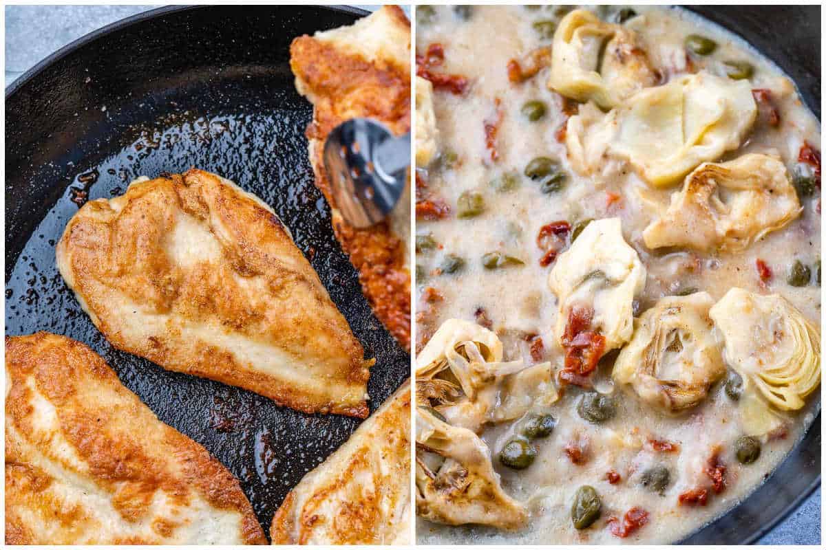 process shot to cook the chicken in a skillet and making the artichoke sauce.