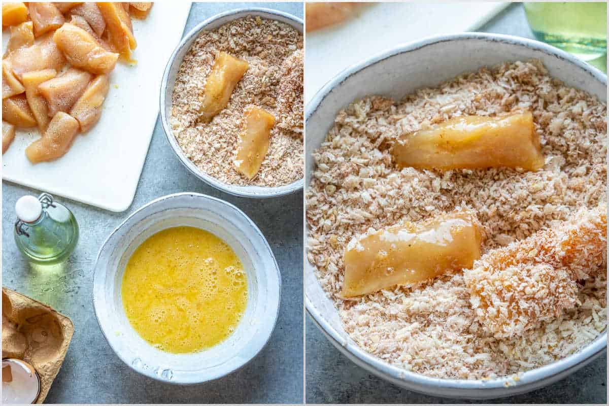 process shots for making chicken nuggets and adding a coat of bread crumbs