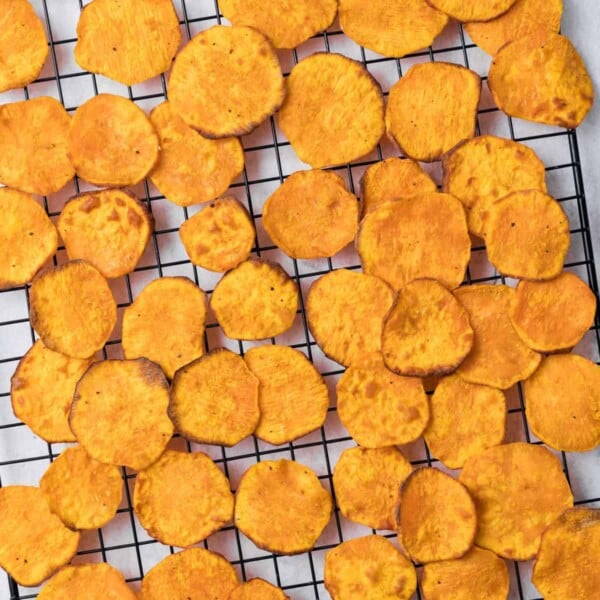 top view of air fried sweet potato chips on a cooling wire wrack