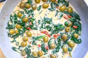coconut cream sauce with spinach and olives.