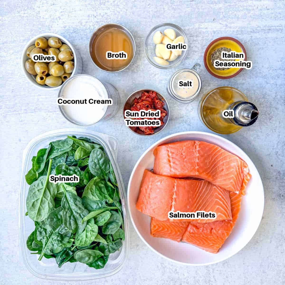 ingredients to make creamy tuscan salmon.